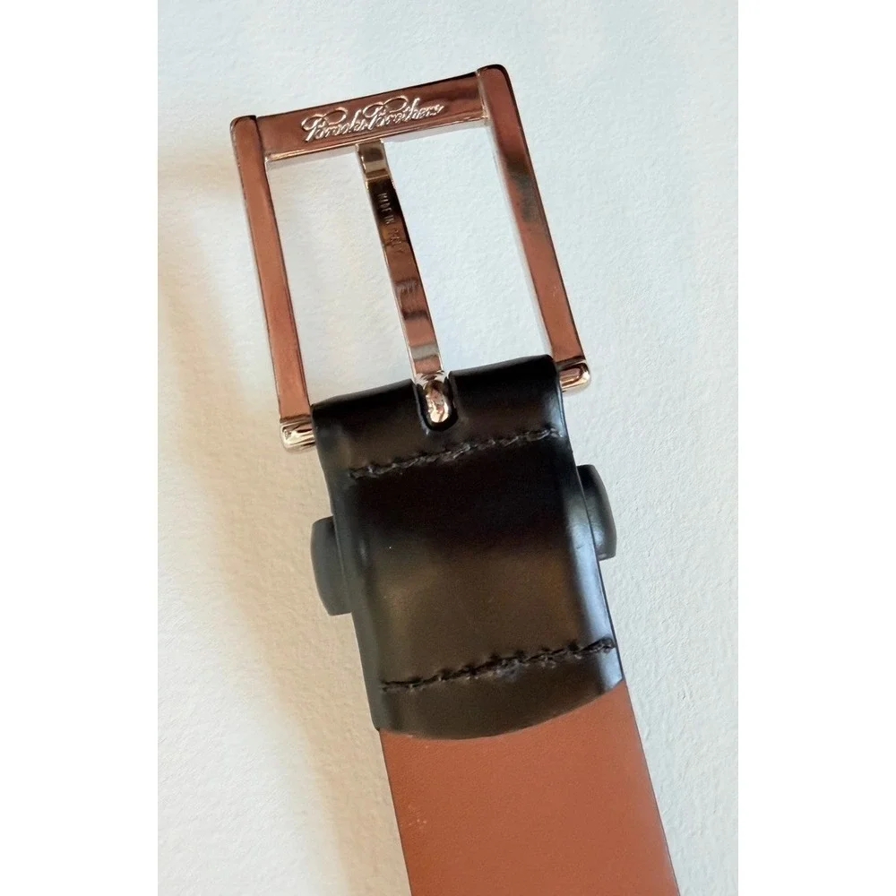 BROOKS BROTHERS mens 40 Black Leather BELT Classic Silver Tone Buckle